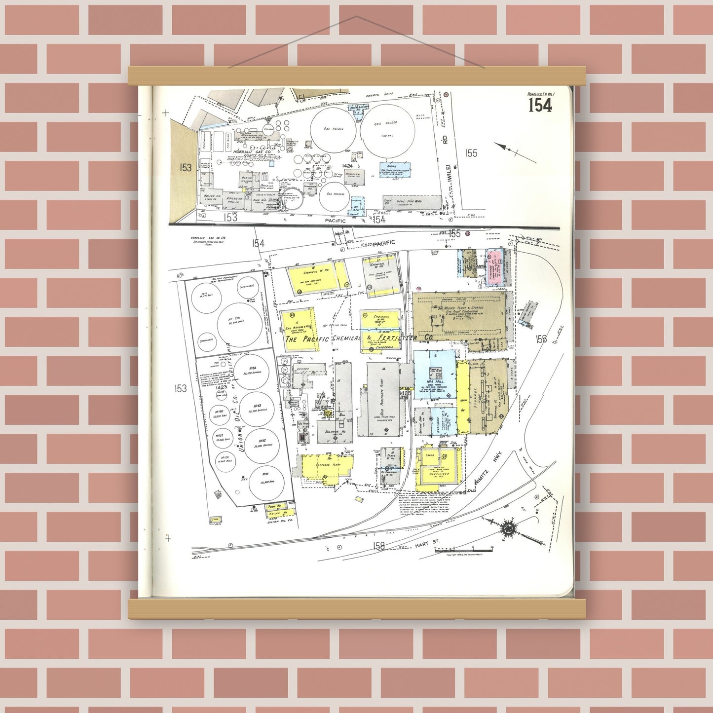 Old map wall art mockup — magnetic wood frame on brick wall — Sanborn Fire Insurance Map from Honolulu, Oahu County, Hawaii (1955), Sheet #0154
