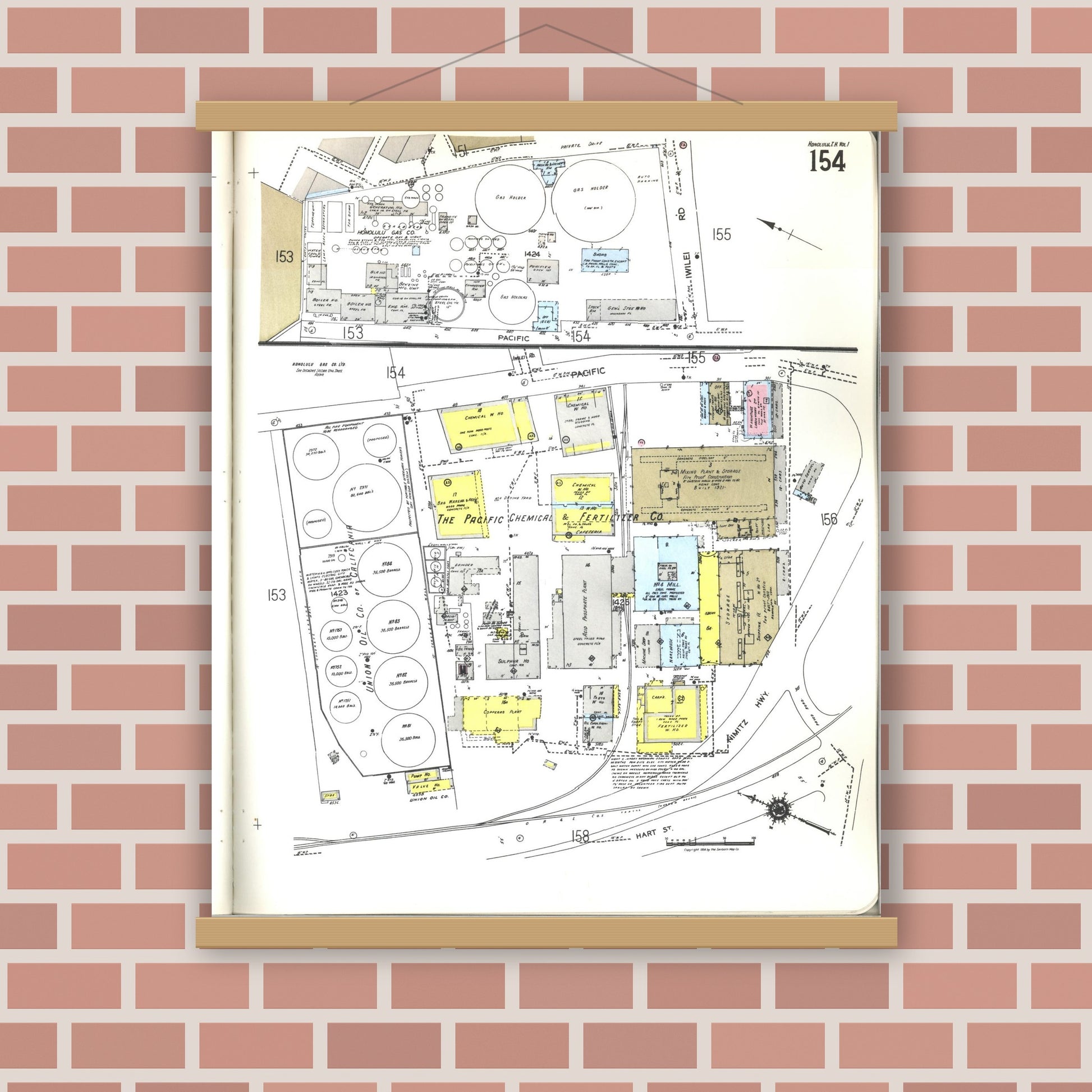 Old map wall art mockup — magnetic wood frame on brick wall — Sanborn Fire Insurance Map from Honolulu, Oahu County, Hawaii (1955), Sheet #0154