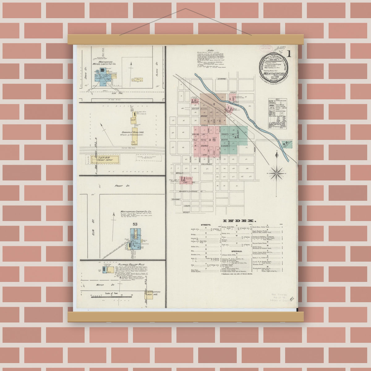 Old map wall art mockup — magnetic wood frame on brick wall — Sanborn Fire Insurance Map from Weatherford, Parker County, Texas (1889) - Complete Map Set