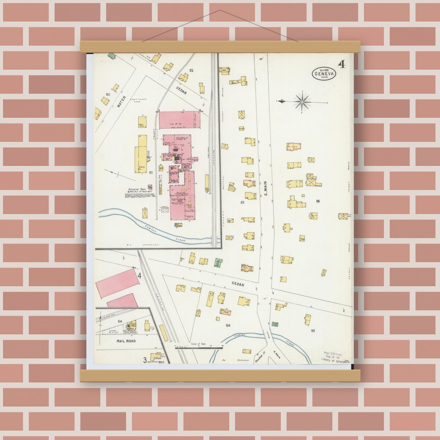 Old map wall art mockup — magnetic wood frame on brick wall — Sanborn Fire Insurance Map from Geneva, Ashtabula County, Ohio (1898), Sheet #0004