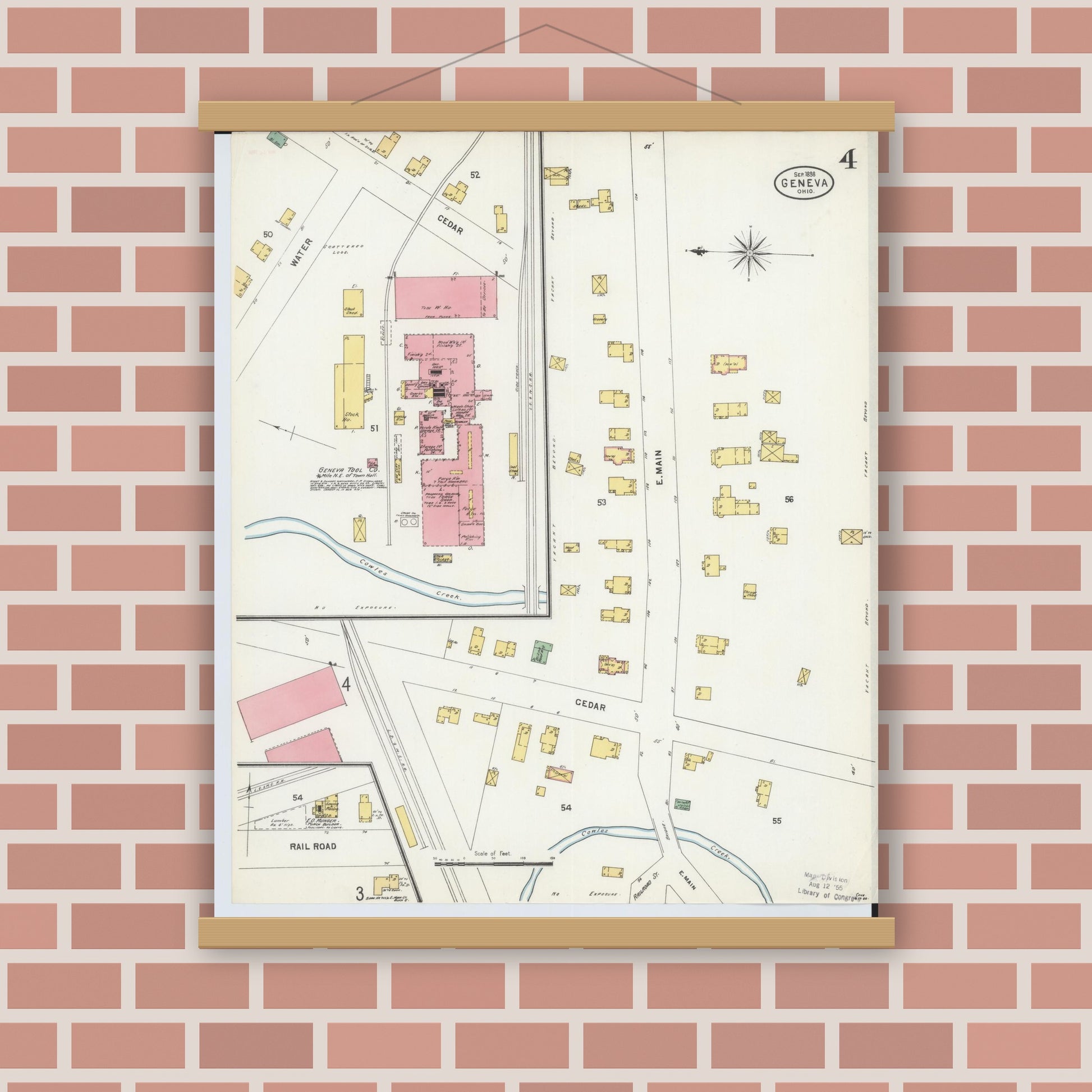 Old map wall art mockup — magnetic wood frame on brick wall — Sanborn Fire Insurance Map from Geneva, Ashtabula County, Ohio (1898), Sheet #0004