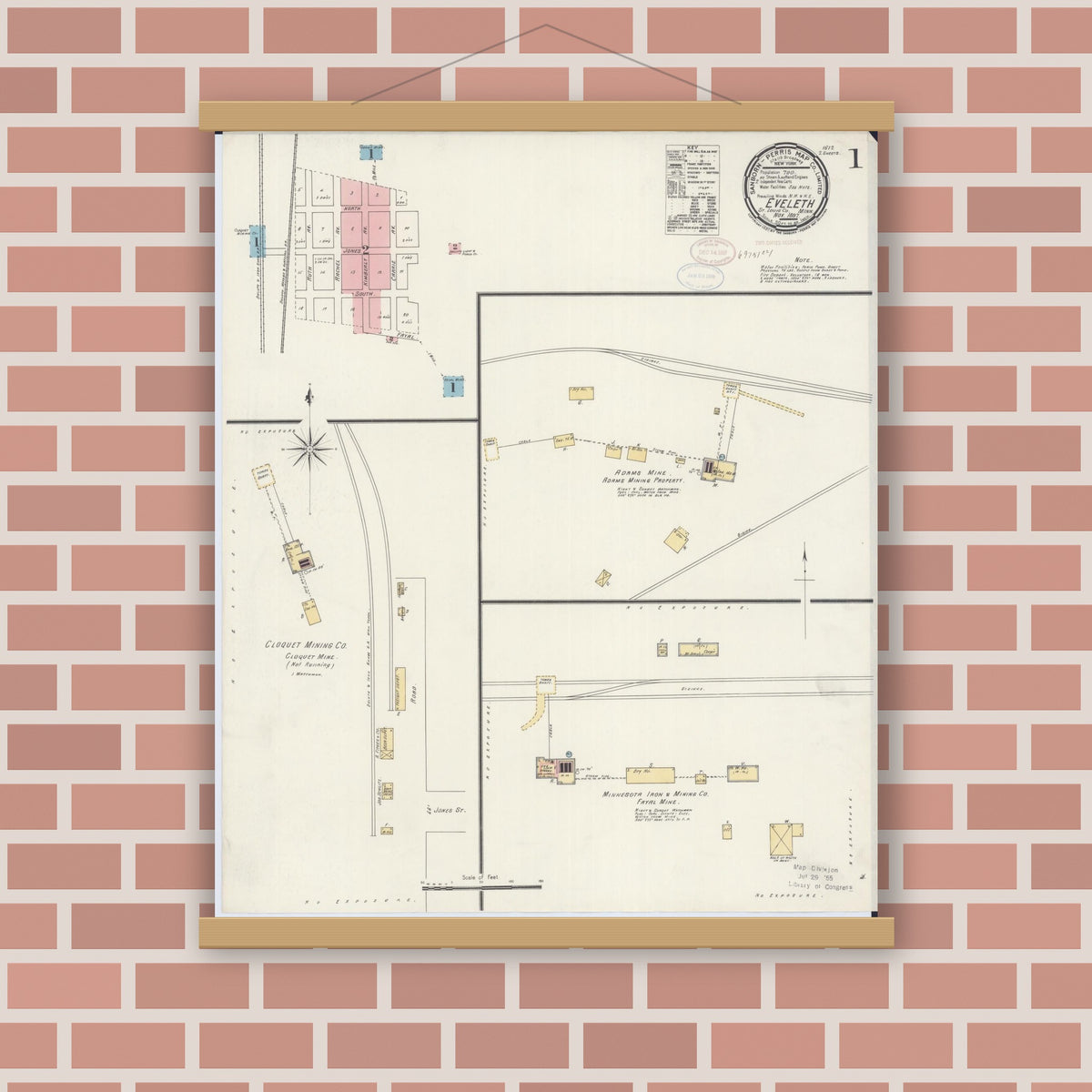 Old map wall art mockup — magnetic wood frame on brick wall — Sanborn Fire Insurance Map from Eveleth, Saint Louis County, Minnesota (1897) - Complete Map Set