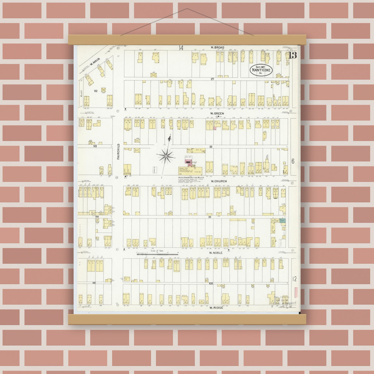 Old map wall art mockup — magnetic wood frame on brick wall — Sanborn Fire Insurance Map from Nanticoke, Luzerne County, Pennsylvania (1907), Sheet #0013