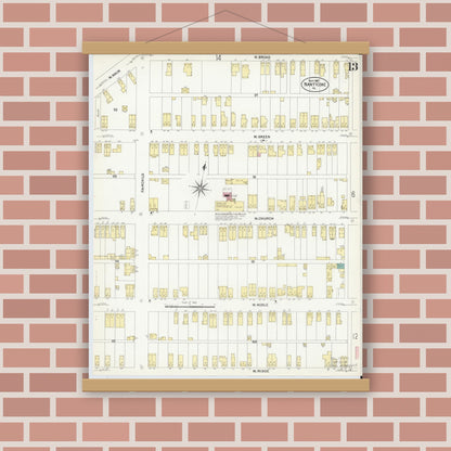 Old map wall art mockup — magnetic wood frame on brick wall — Sanborn Fire Insurance Map from Nanticoke, Luzerne County, Pennsylvania (1907), Sheet #0013