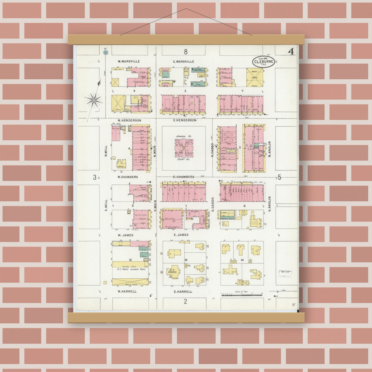 Old map wall art mockup — magnetic wood frame on brick wall — Sanborn Fire Insurance Map from Cleburne, Johnson County, Texas (1898), Sheet #0004