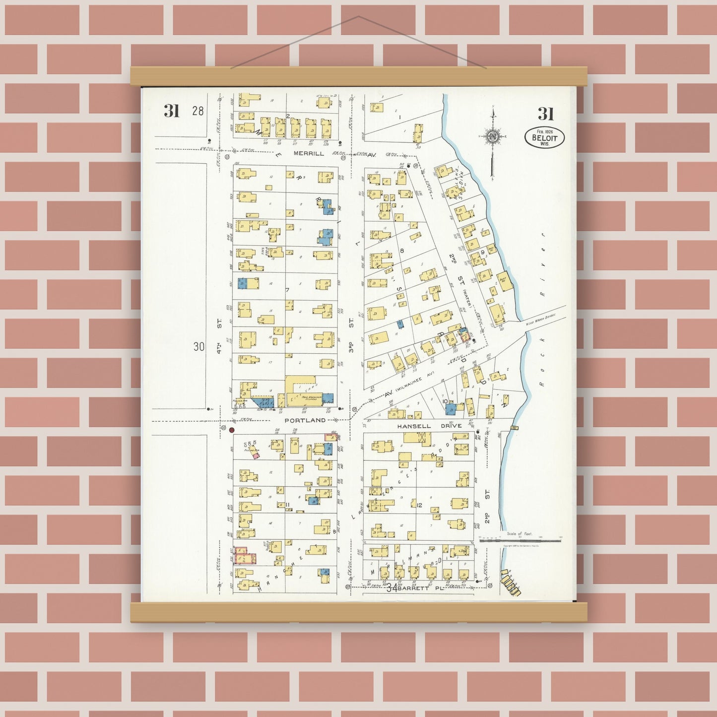 Old map wall art mockup — magnetic wood frame on brick wall — Sanborn Fire Insurance Map from Beloit, Rock County, Wisconsin (1926), Sheet #0031