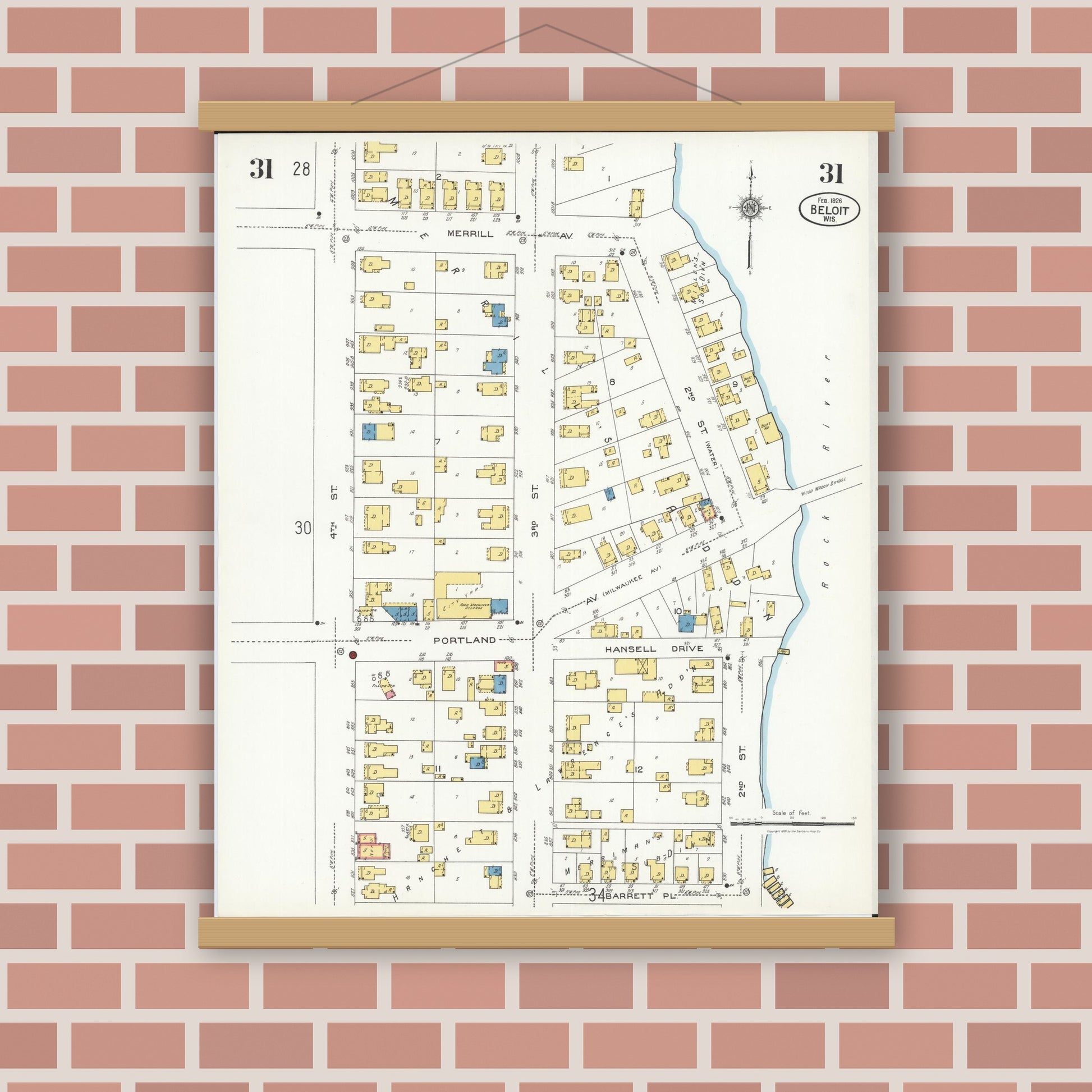 Old map wall art mockup — magnetic wood frame on brick wall — Sanborn Fire Insurance Map from Beloit, Rock County, Wisconsin (1926), Sheet #0031