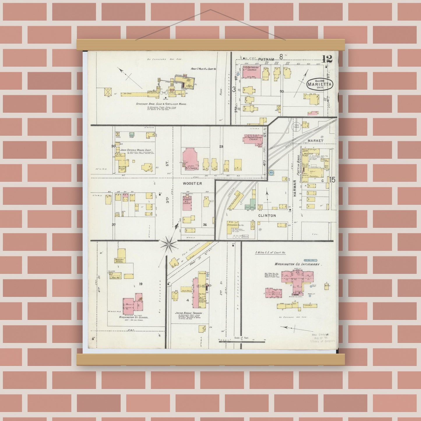 Old map wall art mockup — magnetic wood frame on brick wall — Sanborn Fire Insurance Map from Marietta, Washington County, Ohio (1896), Sheet #0012