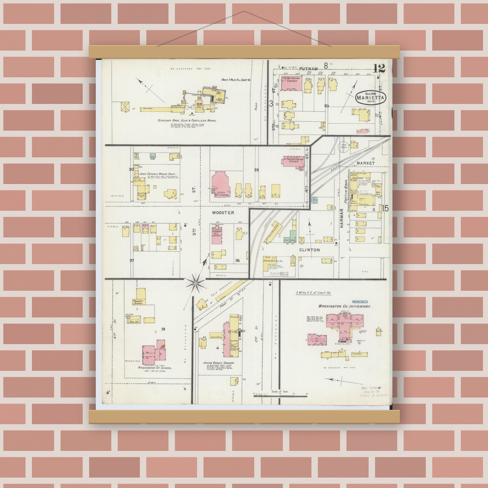 Old map wall art mockup — magnetic wood frame on brick wall — Sanborn Fire Insurance Map from Marietta, Washington County, Ohio (1896), Sheet #0012