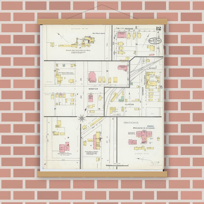 Old map wall art mockup — magnetic wood frame on brick wall — Sanborn Fire Insurance Map from Marietta, Washington County, Ohio (1896), Sheet #0012