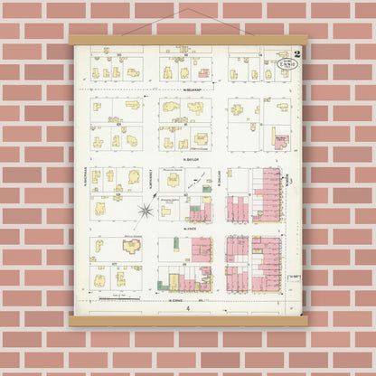 Old map wall art mockup — magnetic wood frame on brick wall — Sanborn Fire Insurance Map from Ennis, Ellis County, Texas (1901), Sheet #0002