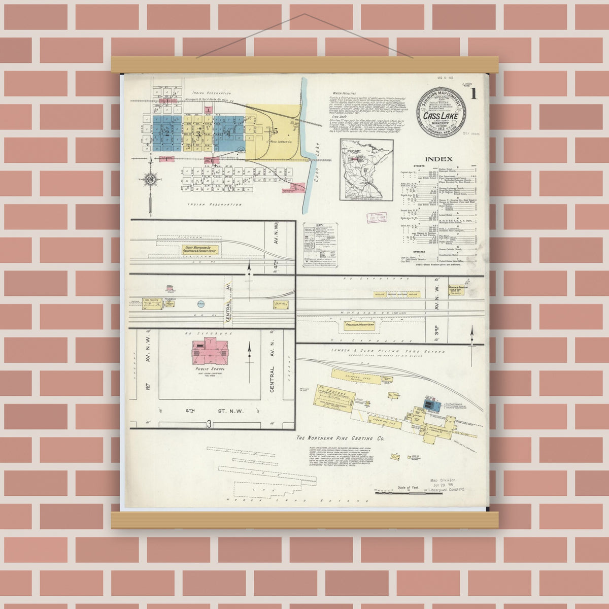 Old map wall art mockup — magnetic wood frame on brick wall — Sanborn Fire Insurance Map from Cass Lake, Cass County, Minnesota (1913) - Complete Map Set