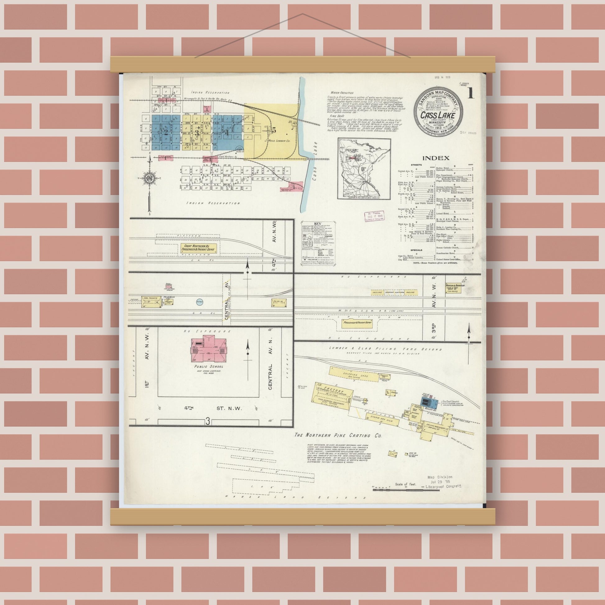 Old map wall art mockup — magnetic wood frame on brick wall — Sanborn Fire Insurance Map from Cass Lake, Cass County, Minnesota (1913) - Complete Map Set