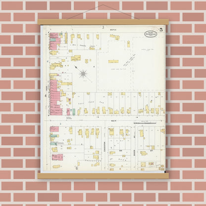 Old map wall art mockup — magnetic wood frame on brick wall — Sanborn Fire Insurance Map from Hicksville, Defiance County, Ohio (1899), Sheet #0005
