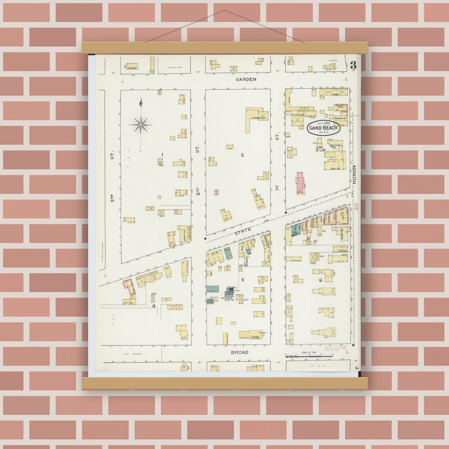 Old map wall art mockup — magnetic wood frame on brick wall — Sanborn Fire Insurance Map from Sand Beach, Huron County, Michigan (1893), Sheet #0003