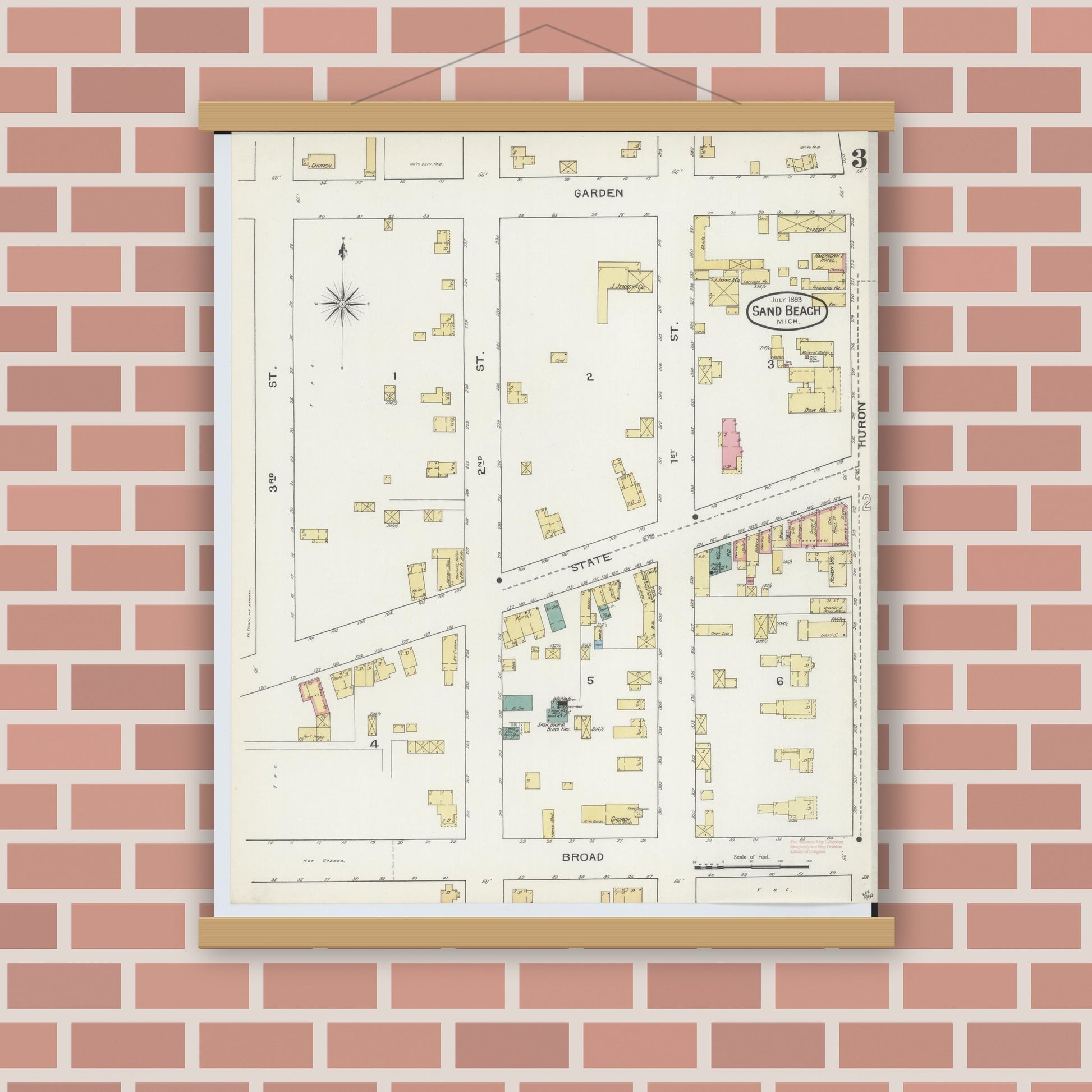 Old map wall art mockup — magnetic wood frame on brick wall — Sanborn Fire Insurance Map from Sand Beach, Huron County, Michigan (1893), Sheet #0003
