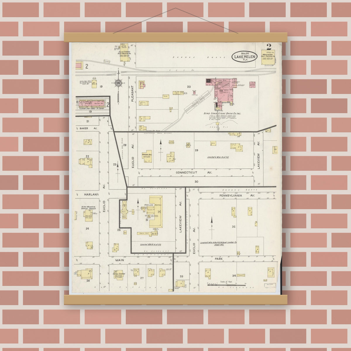 Old map wall art mockup — magnetic wood frame on brick wall — Sanborn Fire Insurance Map from Lake Helen, Volusia County, Florida (1915), Sheet #0002
