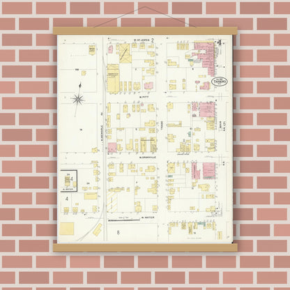 Old map wall art mockup — magnetic wood frame on brick wall — Sanborn Fire Insurance Map from Tarboro, Edgecombe County, North Carolina (1908), Sheet #0004
