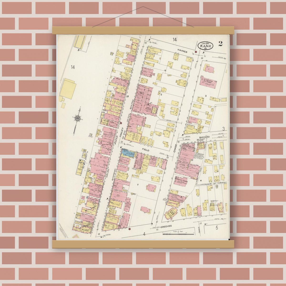 Old map wall art mockup — magnetic wood frame on brick wall — Sanborn Fire Insurance Map from Kane, McKean County, Pennsylvania (1915), Sheet #0002