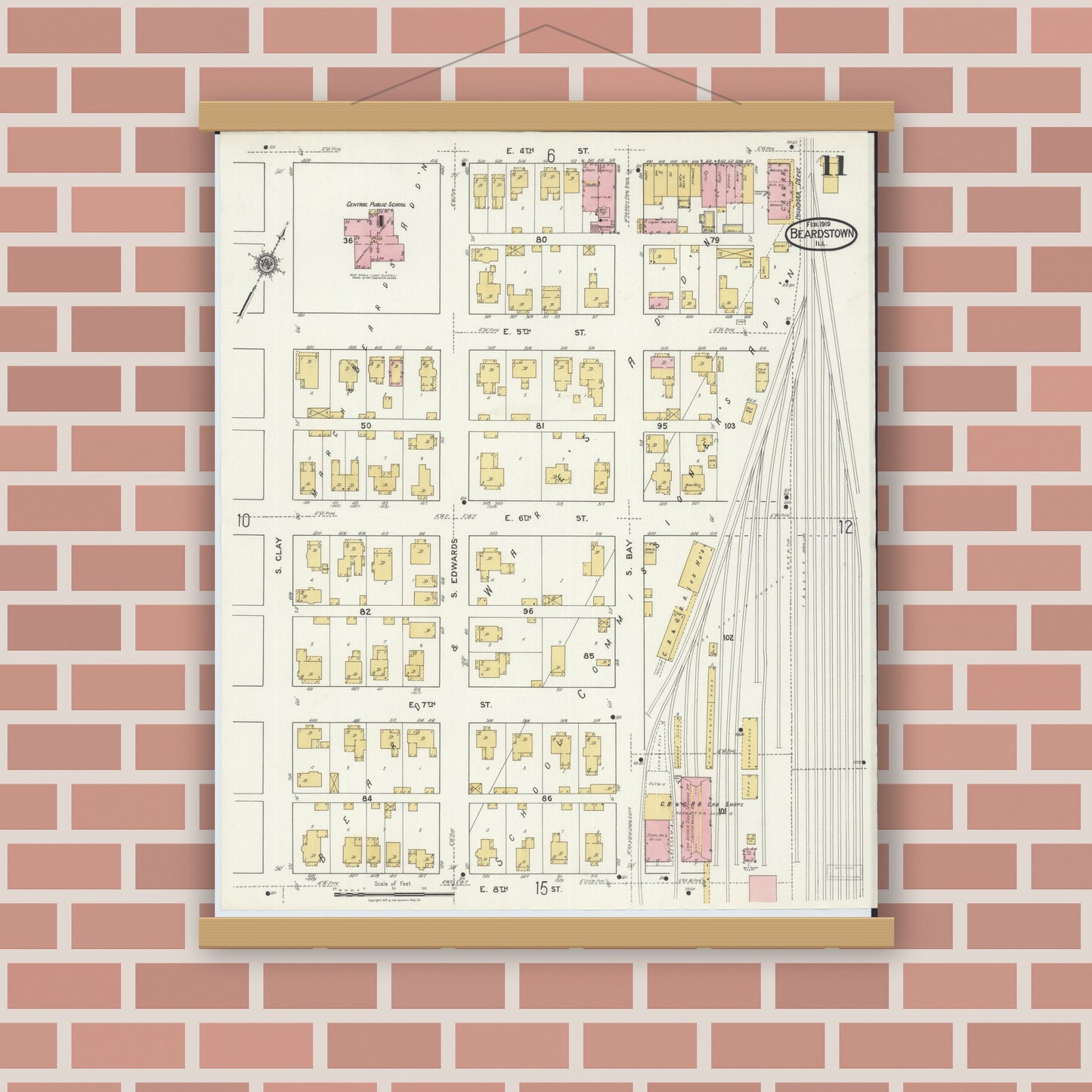 Old map wall art mockup — magnetic wood frame on brick wall — Sanborn Fire Insurance Map from Beardstown, Cass County, Illinois (1919), Sheet #0011