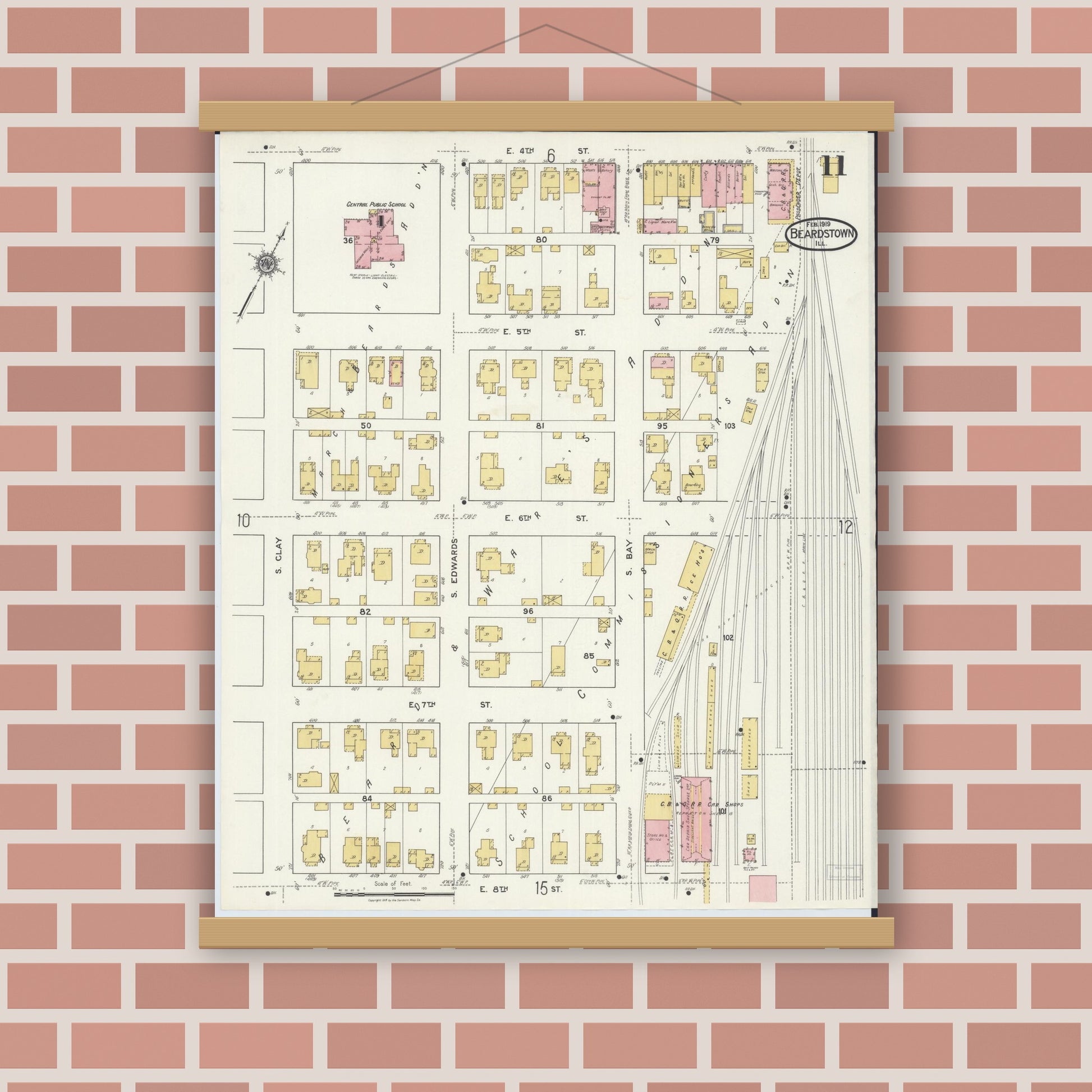 Old map wall art mockup — magnetic wood frame on brick wall — Sanborn Fire Insurance Map from Beardstown, Cass County, Illinois (1919), Sheet #0011