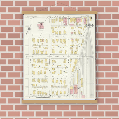 Old map wall art mockup — magnetic wood frame on brick wall — Sanborn Fire Insurance Map from Beardstown, Cass County, Illinois (1919), Sheet #0011