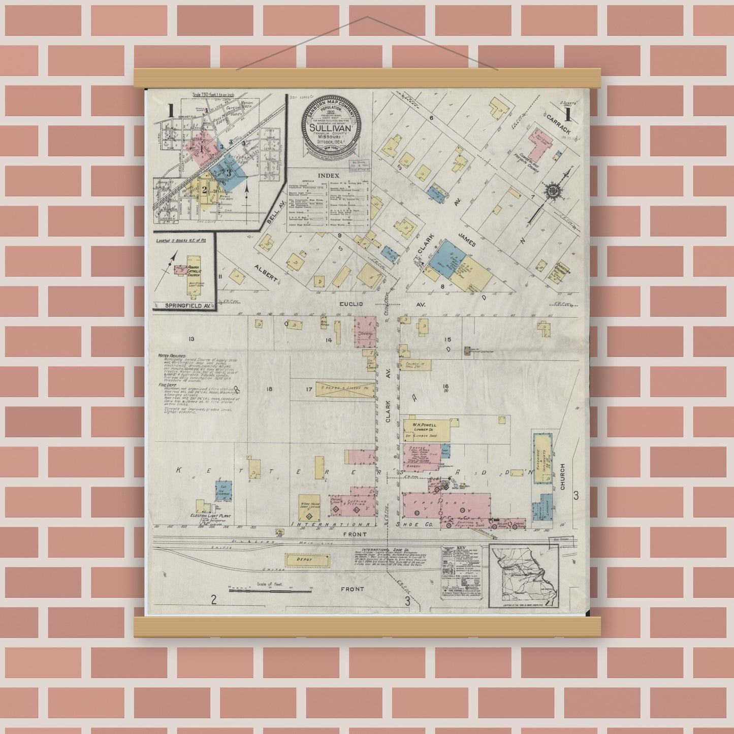 Old map wall art mockup — magnetic wood frame on brick wall — Sanborn Fire Insurance Map from Sullivan, Franklin County, Missouri (1924) - Complete Map Set