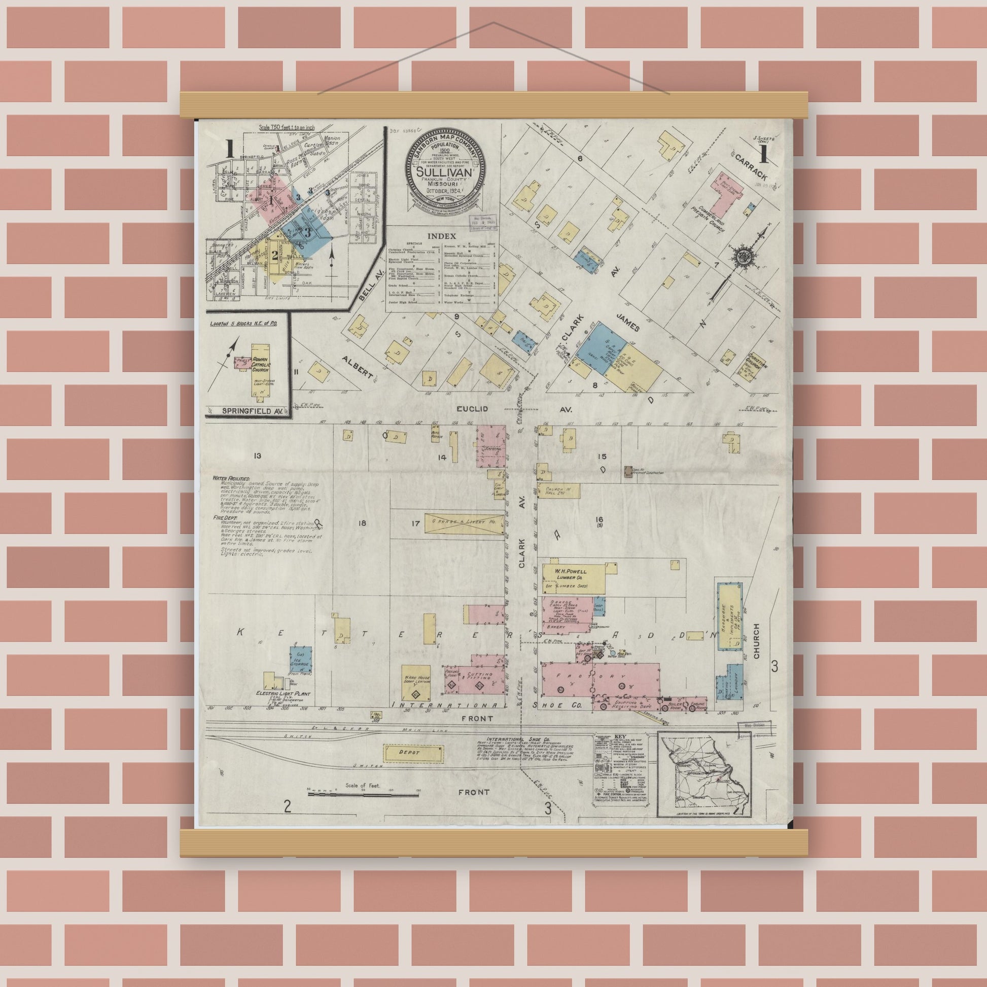 Old map wall art mockup — magnetic wood frame on brick wall — Sanborn Fire Insurance Map from Sullivan, Franklin County, Missouri (1924) - Complete Map Set