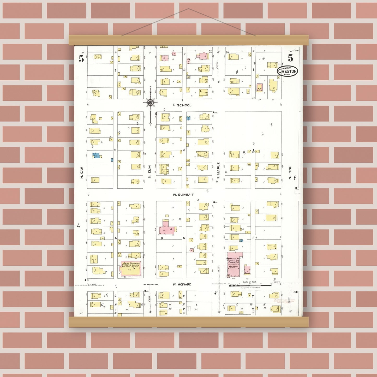 Old map wall art mockup — magnetic wood frame on brick wall — Sanborn Fire Insurance Map from Creston, Union County, Iowa (1923), Sheet #0005