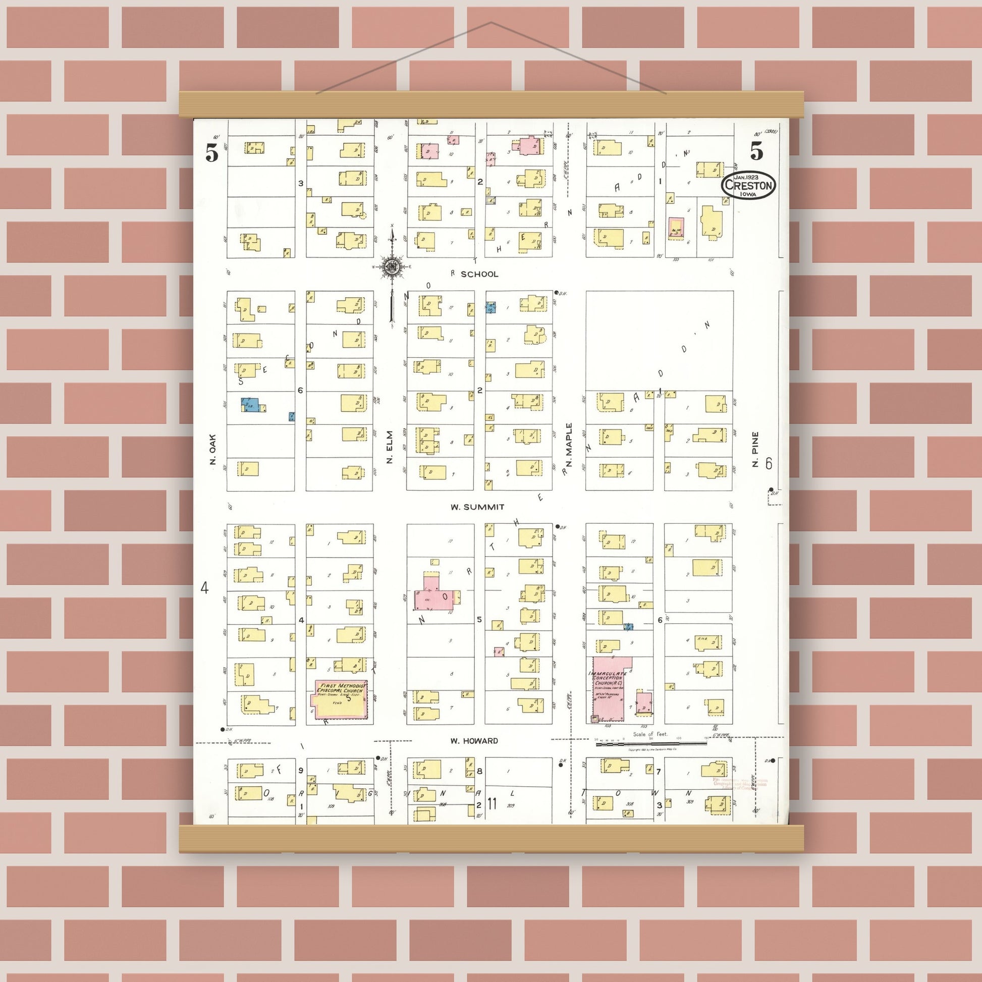 Old map wall art mockup — magnetic wood frame on brick wall — Sanborn Fire Insurance Map from Creston, Union County, Iowa (1923), Sheet #0005