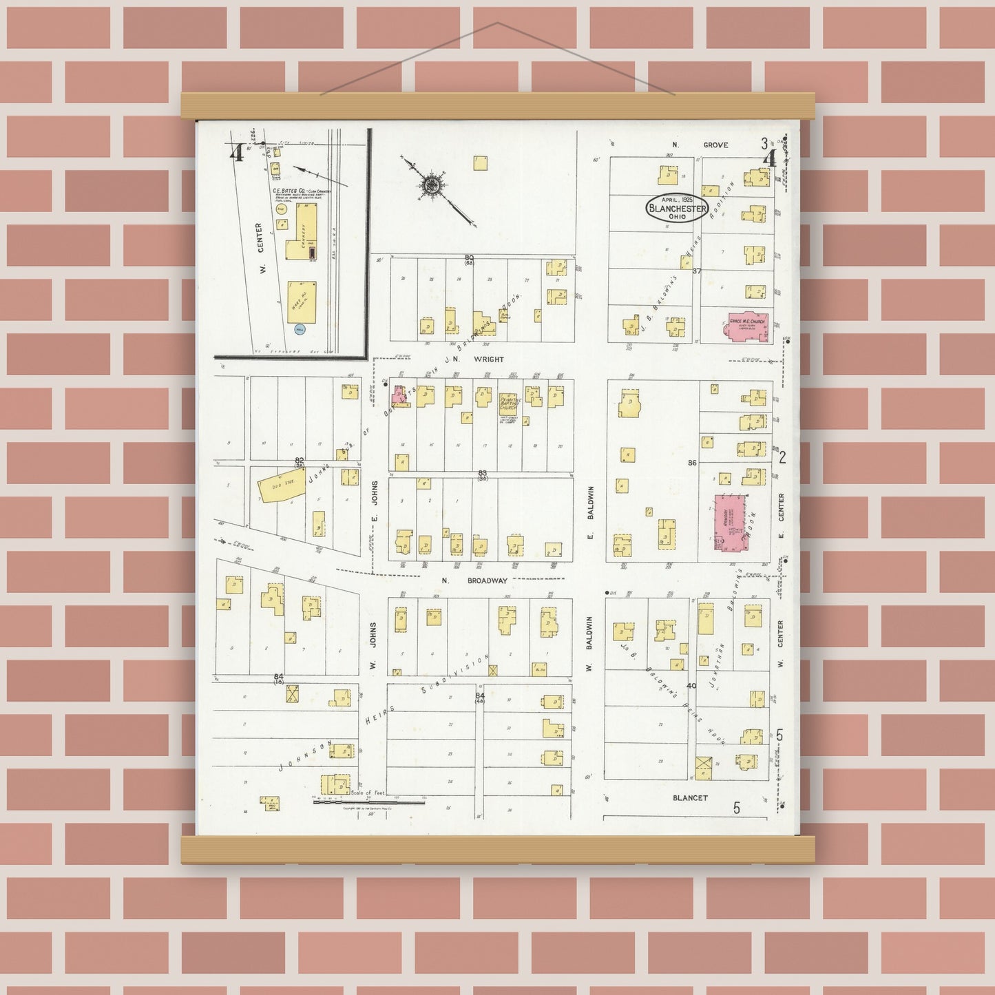 Old map wall art mockup — magnetic wood frame on brick wall — Sanborn Fire Insurance Map from Blanchester, Clinton County, Ohio (1925), Sheet #0004