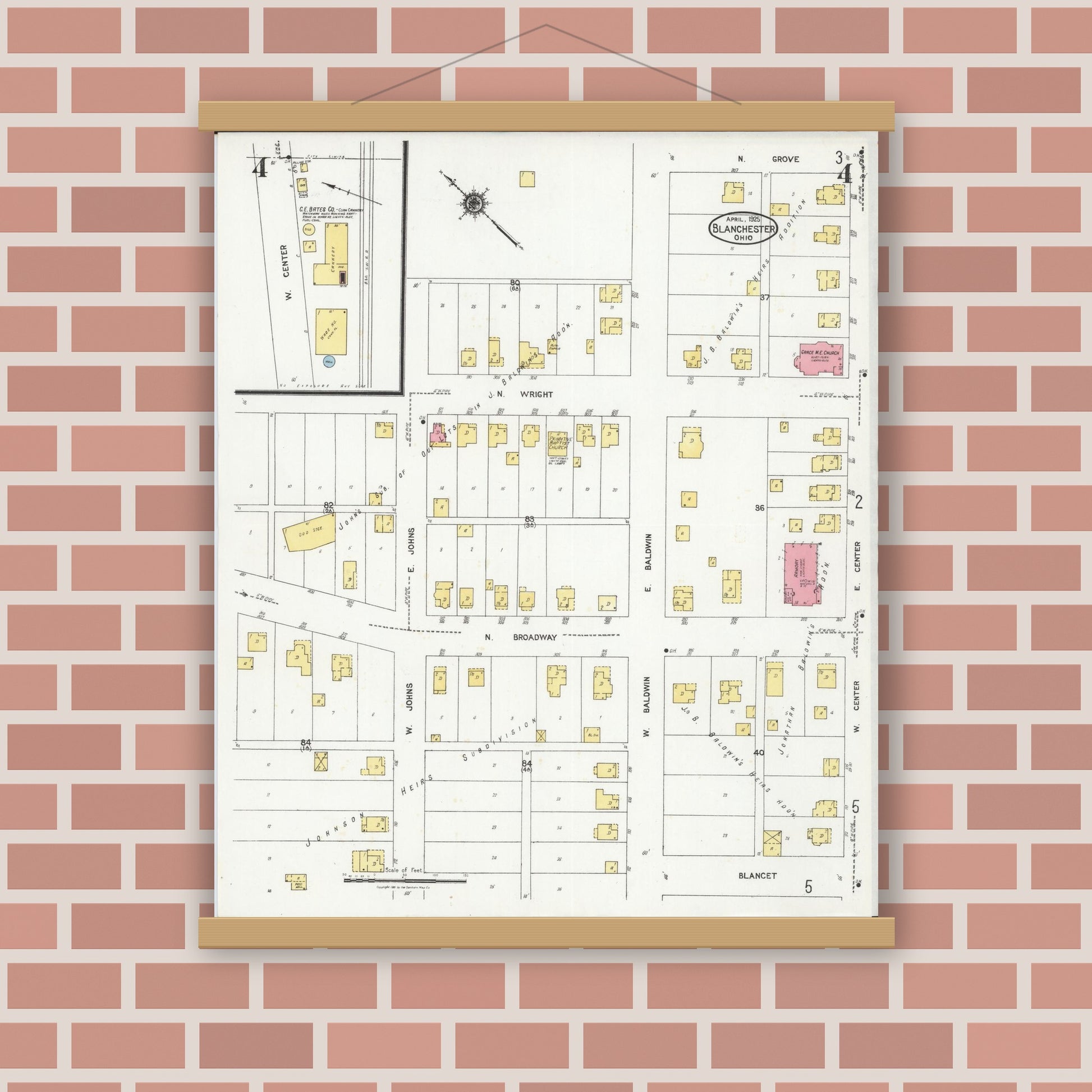 Old map wall art mockup — magnetic wood frame on brick wall — Sanborn Fire Insurance Map from Blanchester, Clinton County, Ohio (1925), Sheet #0004