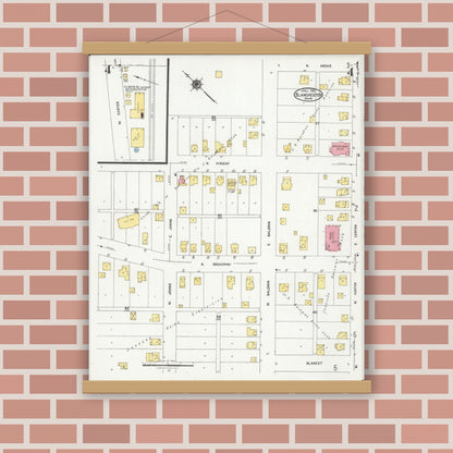 Old map wall art mockup — magnetic wood frame on brick wall — Sanborn Fire Insurance Map from Blanchester, Clinton County, Ohio (1925), Sheet #0004
