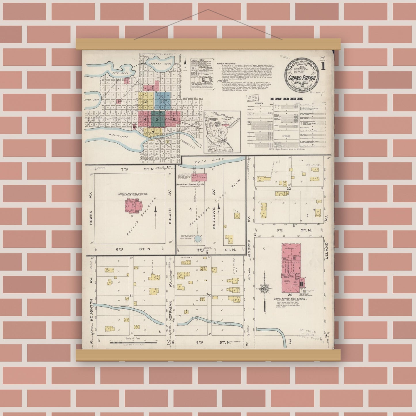 Old map wall art mockup — magnetic wood frame on brick wall — Sanborn Fire Insurance Map from Grand Rapids, Itasca County, Minnesota (1922) - Complete Map Set