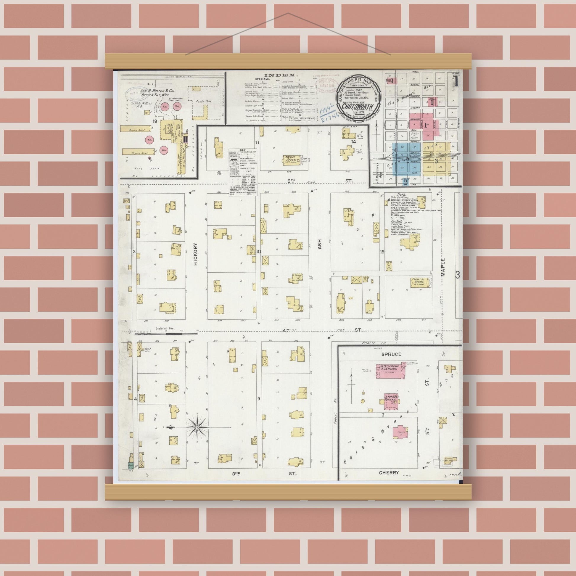 Old map wall art mockup — magnetic wood frame on brick wall — Sanborn Fire Insurance Map from Chatsworth, Livingston County, Illinois (1899), Sheet #0001