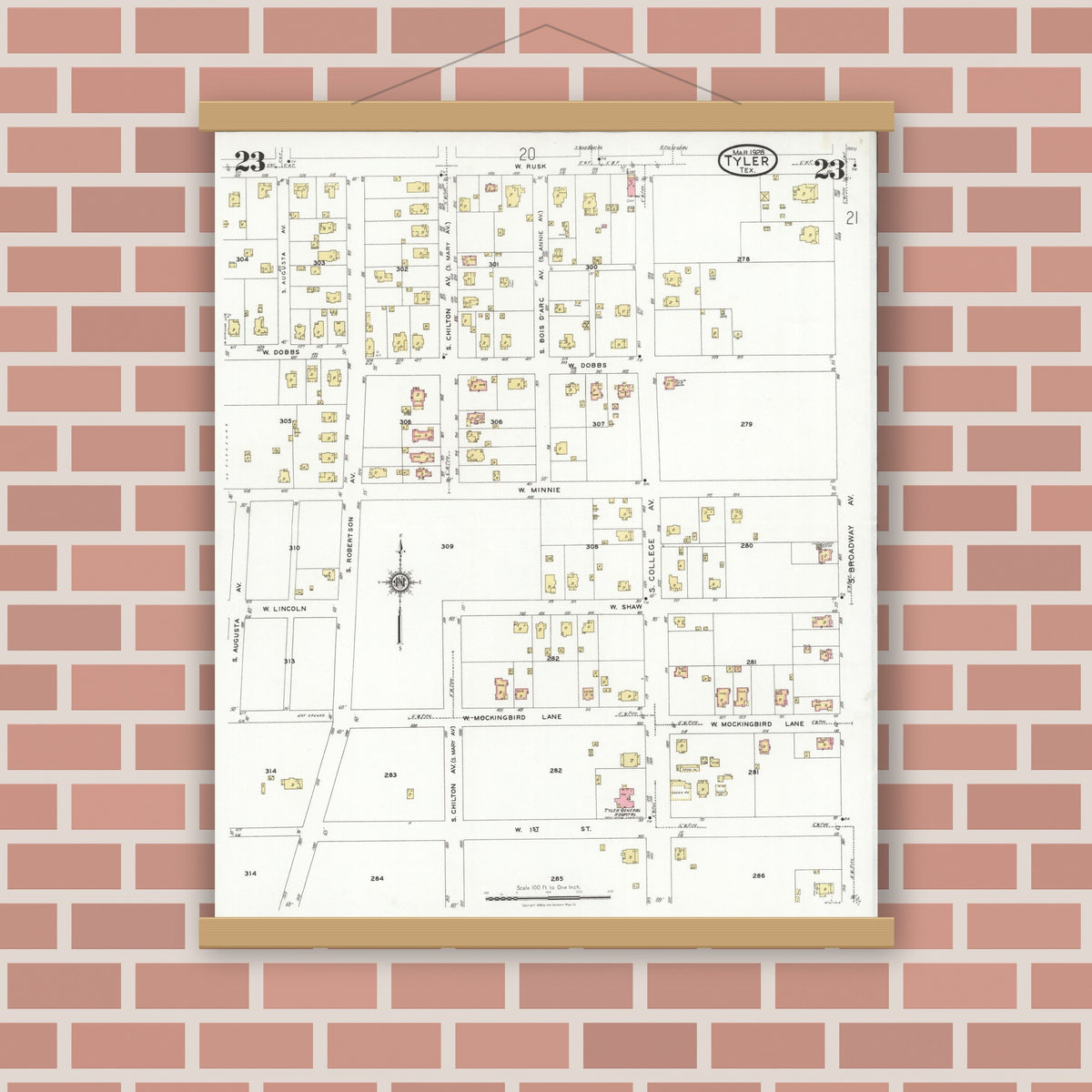 Old map wall art mockup — magnetic wood frame on brick wall — Sanborn Fire Insurance Map from Tyler, Smith County, Texas (1928), Sheet #0023