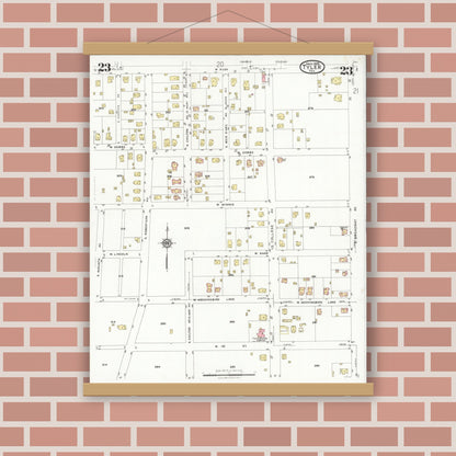 Old map wall art mockup — magnetic wood frame on brick wall — Sanborn Fire Insurance Map from Tyler, Smith County, Texas (1928), Sheet #0023
