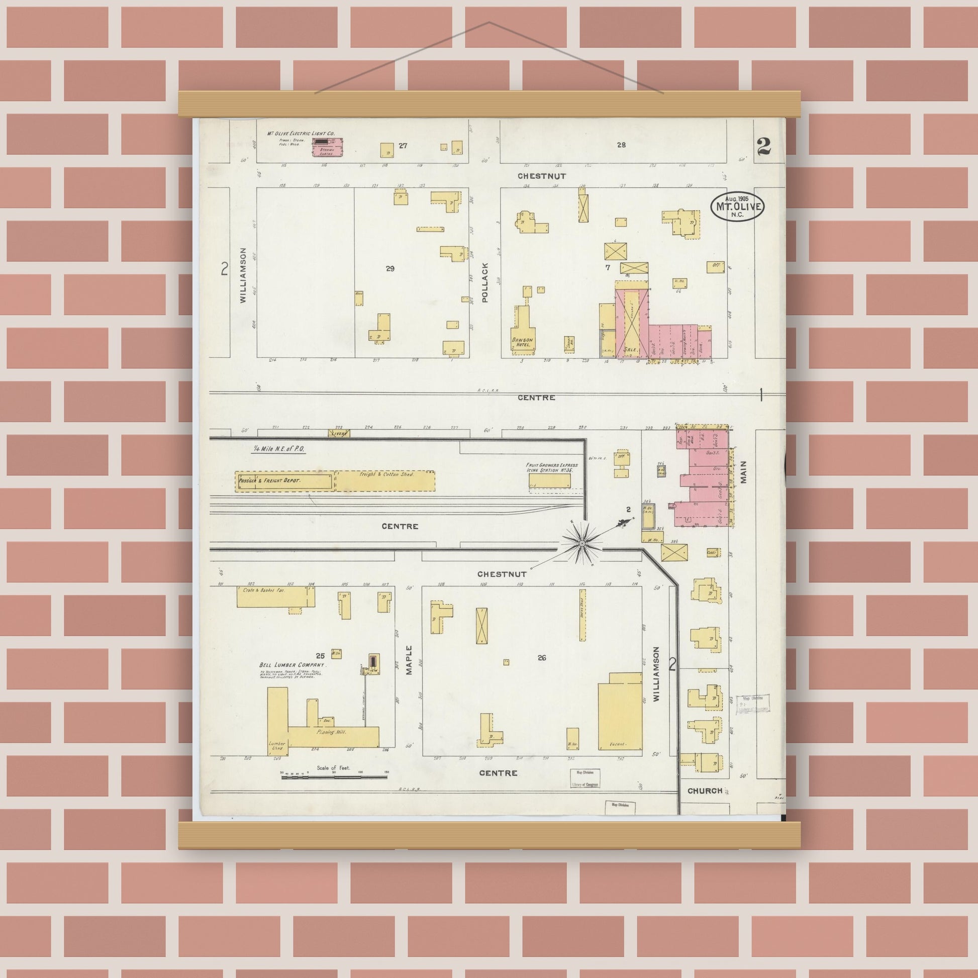 Old map wall art mockup — magnetic wood frame on brick wall — Sanborn Fire Insurance Map from Mount Olive, Wayne County, North Carolina (1905), Sheet #0002