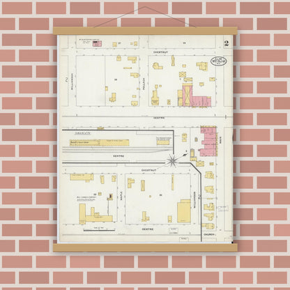 Old map wall art mockup — magnetic wood frame on brick wall — Sanborn Fire Insurance Map from Mount Olive, Wayne County, North Carolina (1905), Sheet #0002