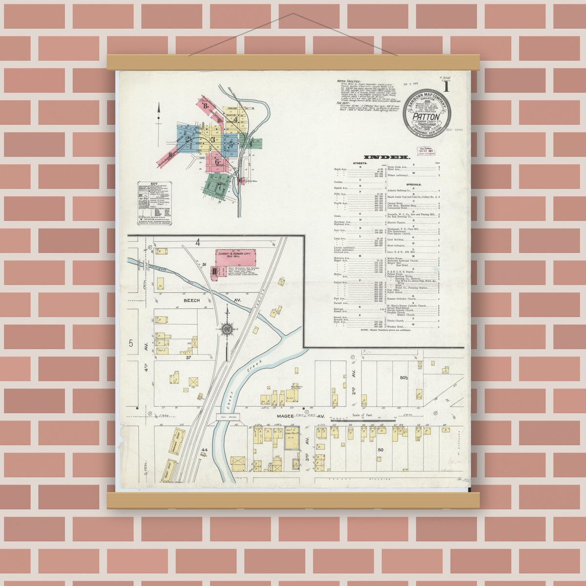 Old map wall art mockup — magnetic wood frame on brick wall — Sanborn Fire Insurance Map from Patton, Cambria County, Pennsylvania (1910) - Complete Map Set