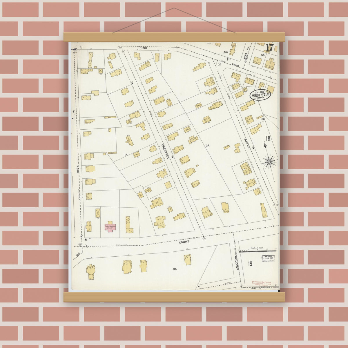 Old map wall art mockup — magnetic wood frame on brick wall — Sanborn Fire Insurance Map from Westfield, Hampden County, Massachusetts (1905), Sheet #0017