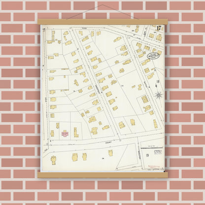 Old map wall art mockup — magnetic wood frame on brick wall — Sanborn Fire Insurance Map from Westfield, Hampden County, Massachusetts (1905), Sheet #0017