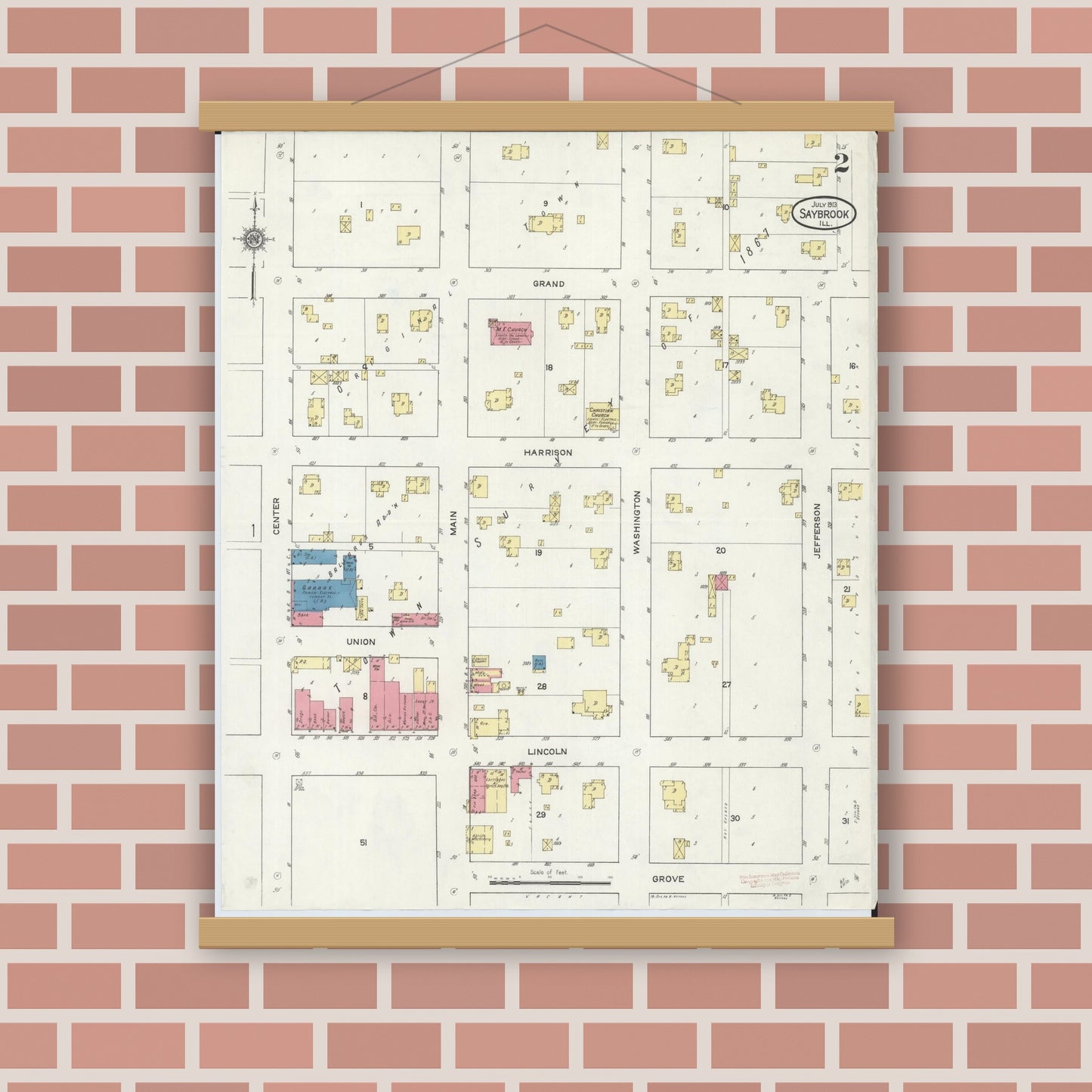 Old map wall art mockup — magnetic wood frame on brick wall — Sanborn Fire Insurance Map from Saybrook, McLean County, Illinois (1913), Sheet #0002