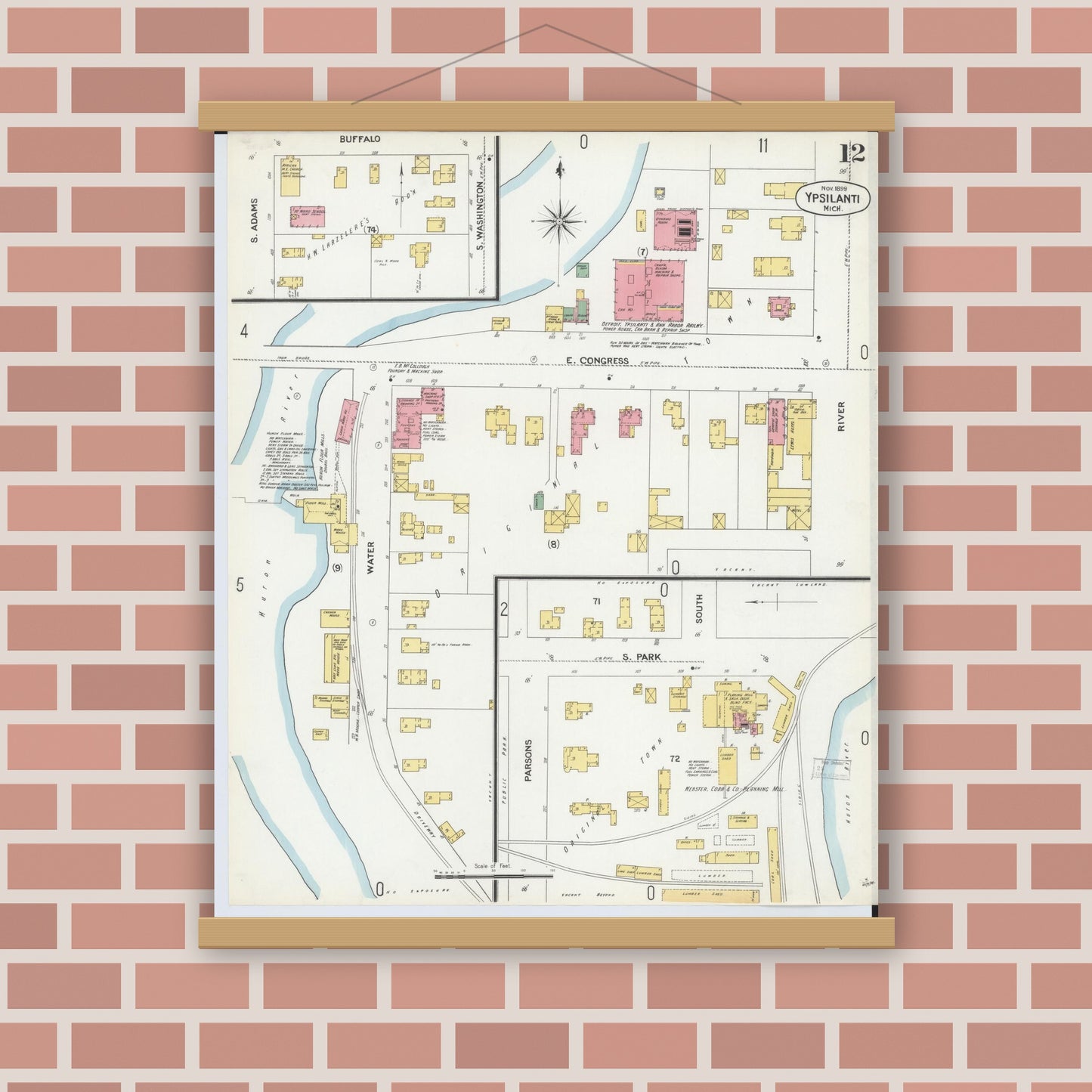 Old map wall art mockup — magnetic wood frame on brick wall — Sanborn Fire Insurance Map from Ypsilanti, Washtenaw County, Michigan (1899), Sheet #0012