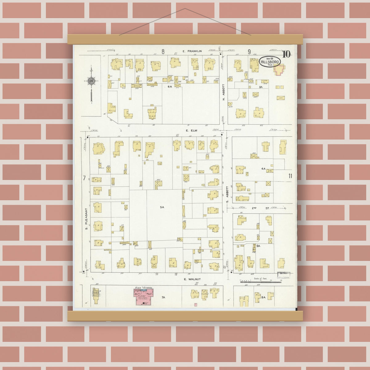 Old map wall art mockup — magnetic wood frame on brick wall — Sanborn Fire Insurance Map from Hillsboro, Hill County, Texas (1911), Sheet #0010