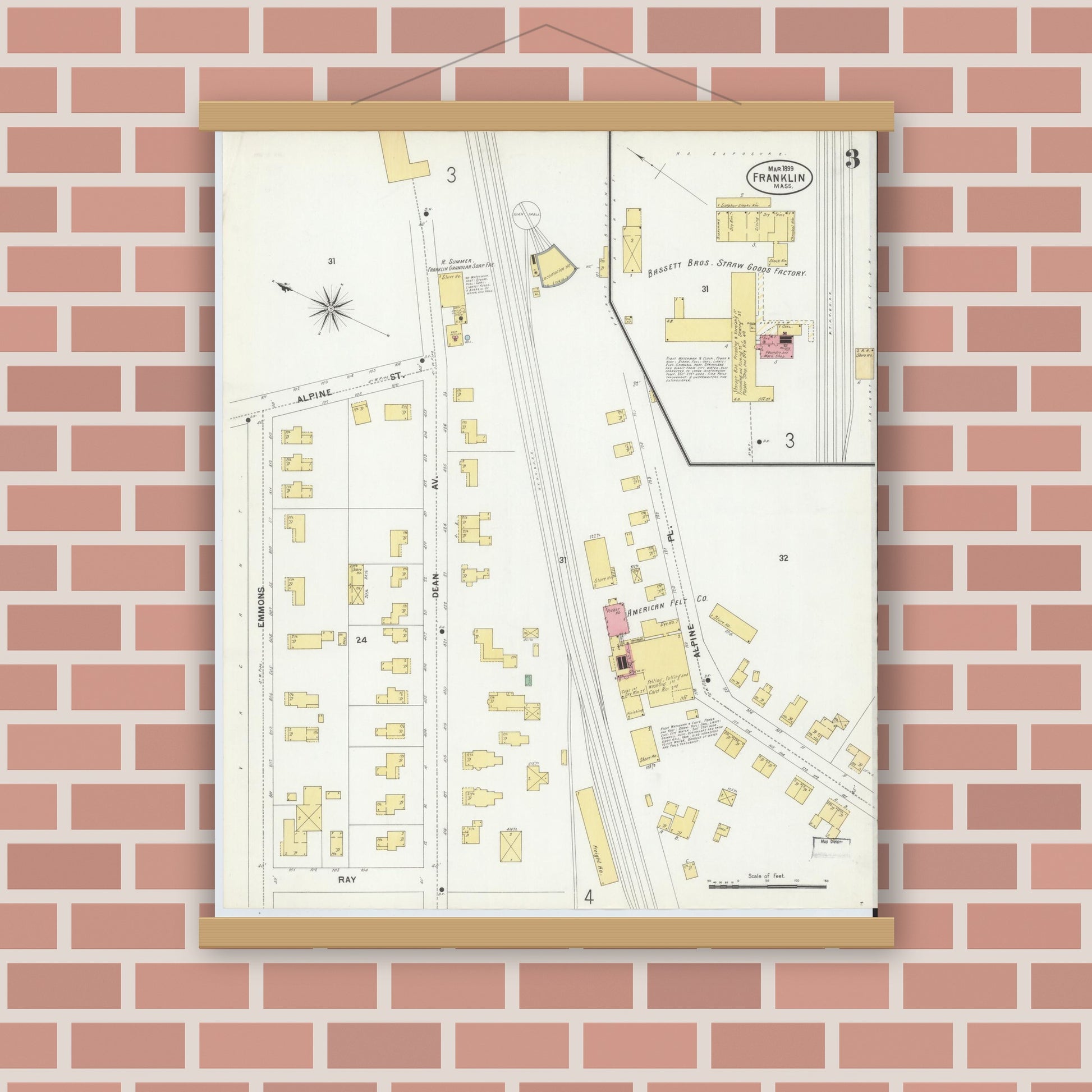 Old map wall art mockup — magnetic wood frame on brick wall — Sanborn Fire Insurance Map from Franklin, Norfolk County, Massachusetts (1899), Sheet #0003