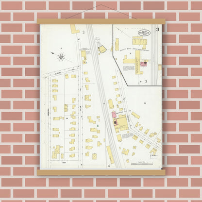 Old map wall art mockup — magnetic wood frame on brick wall — Sanborn Fire Insurance Map from Franklin, Norfolk County, Massachusetts (1899), Sheet #0003