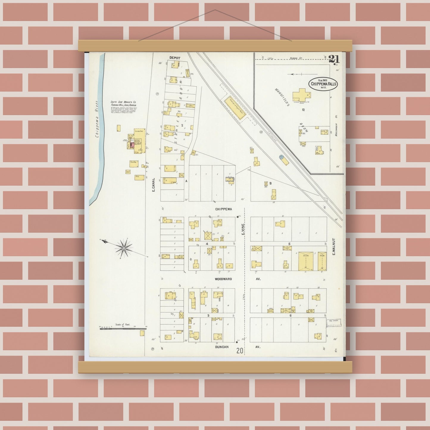 Old map wall art mockup — magnetic wood frame on brick wall — Sanborn Fire Insurance Map from Chippewa Falls, Chippewa County, Wisconsin (1903), Sheet #0021