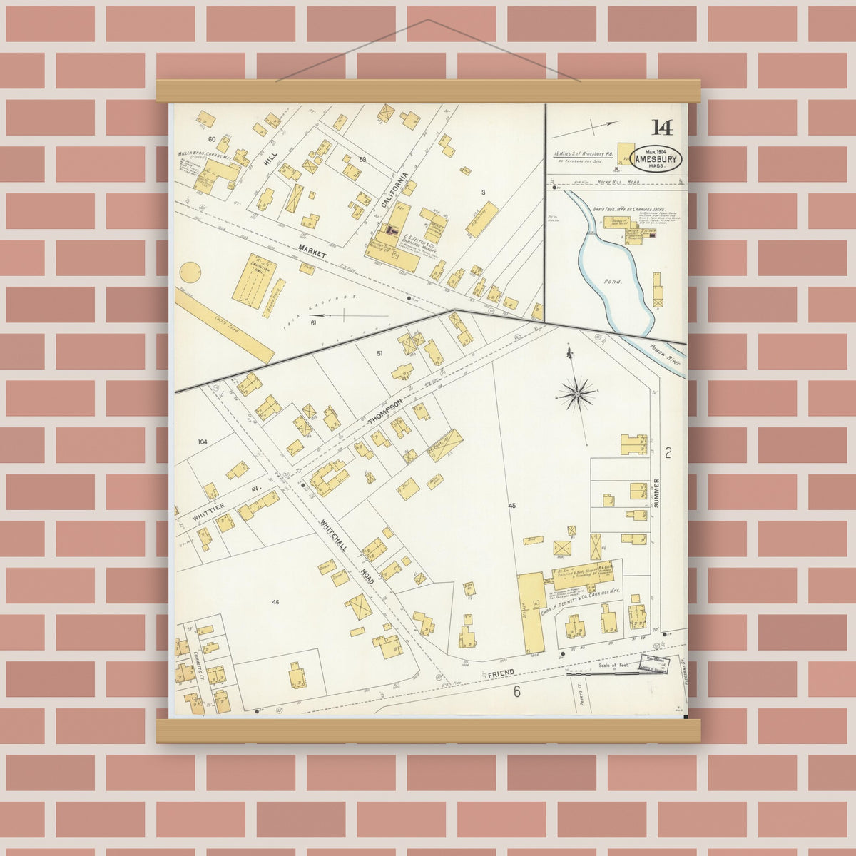 Old map wall art mockup — magnetic wood frame on brick wall — Sanborn Fire Insurance Map from Amesbury, Essex County, Massachusetts (1904), Sheet #0014