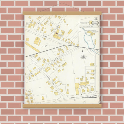 Old map wall art mockup — magnetic wood frame on brick wall — Sanborn Fire Insurance Map from Amesbury, Essex County, Massachusetts (1904), Sheet #0014